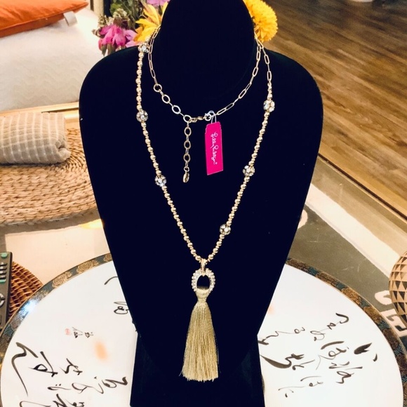 Lilly Pulitzer NWT CRYSTAL GOLD LINK TASSEL NECKLACE⭐️STUNNING NEW + Lilly POUCH - Picture 10 of 16